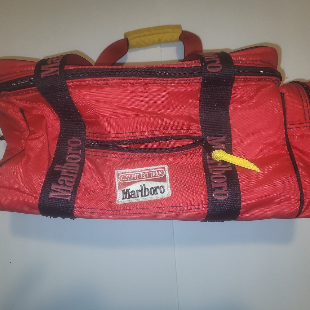 Marlboro Red Duffel with Black Webbing and Yellow Accent